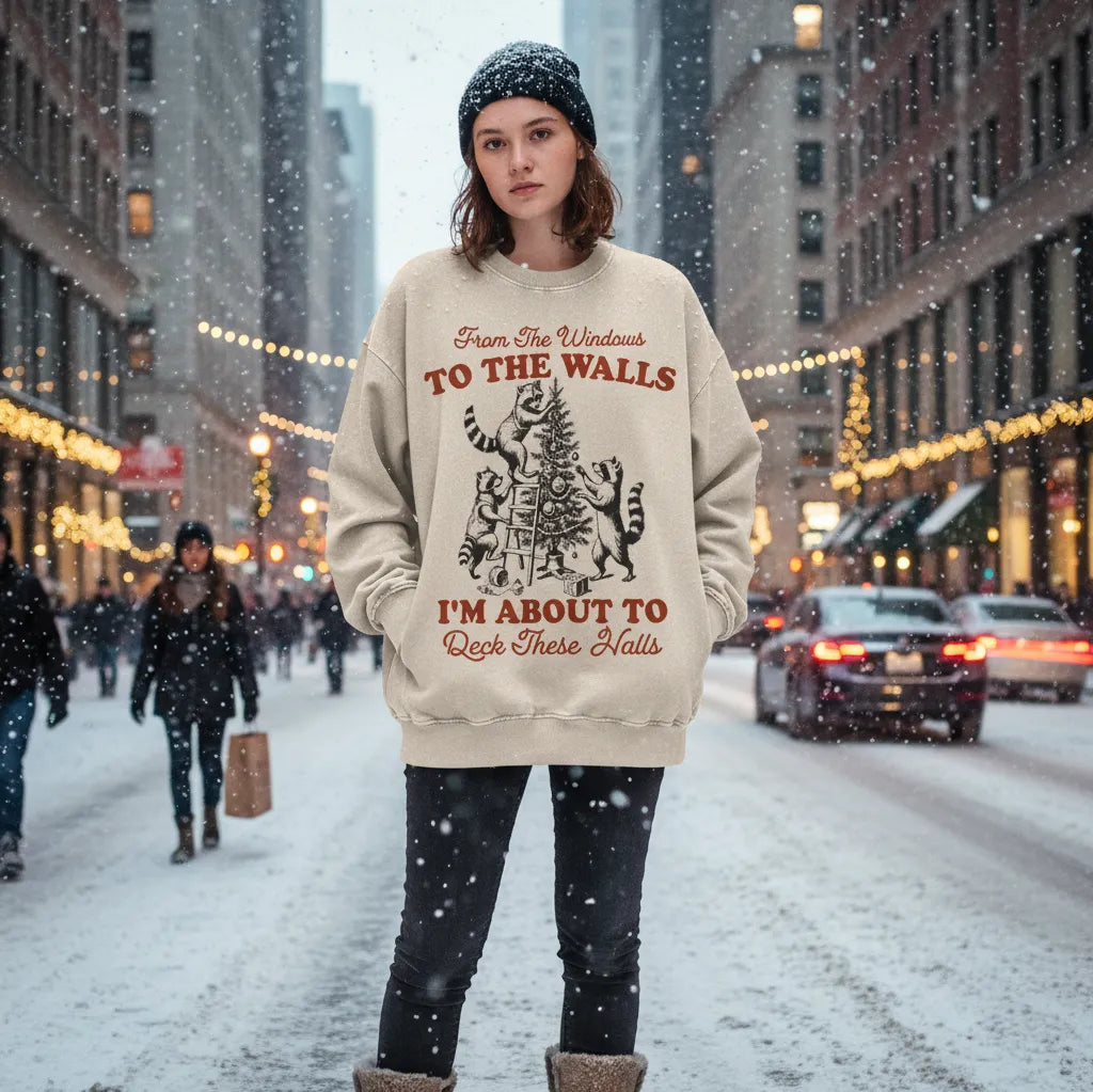"From The Windows to the Walls.."  Vintage Christmas design Sweatshirt (Racoons!)